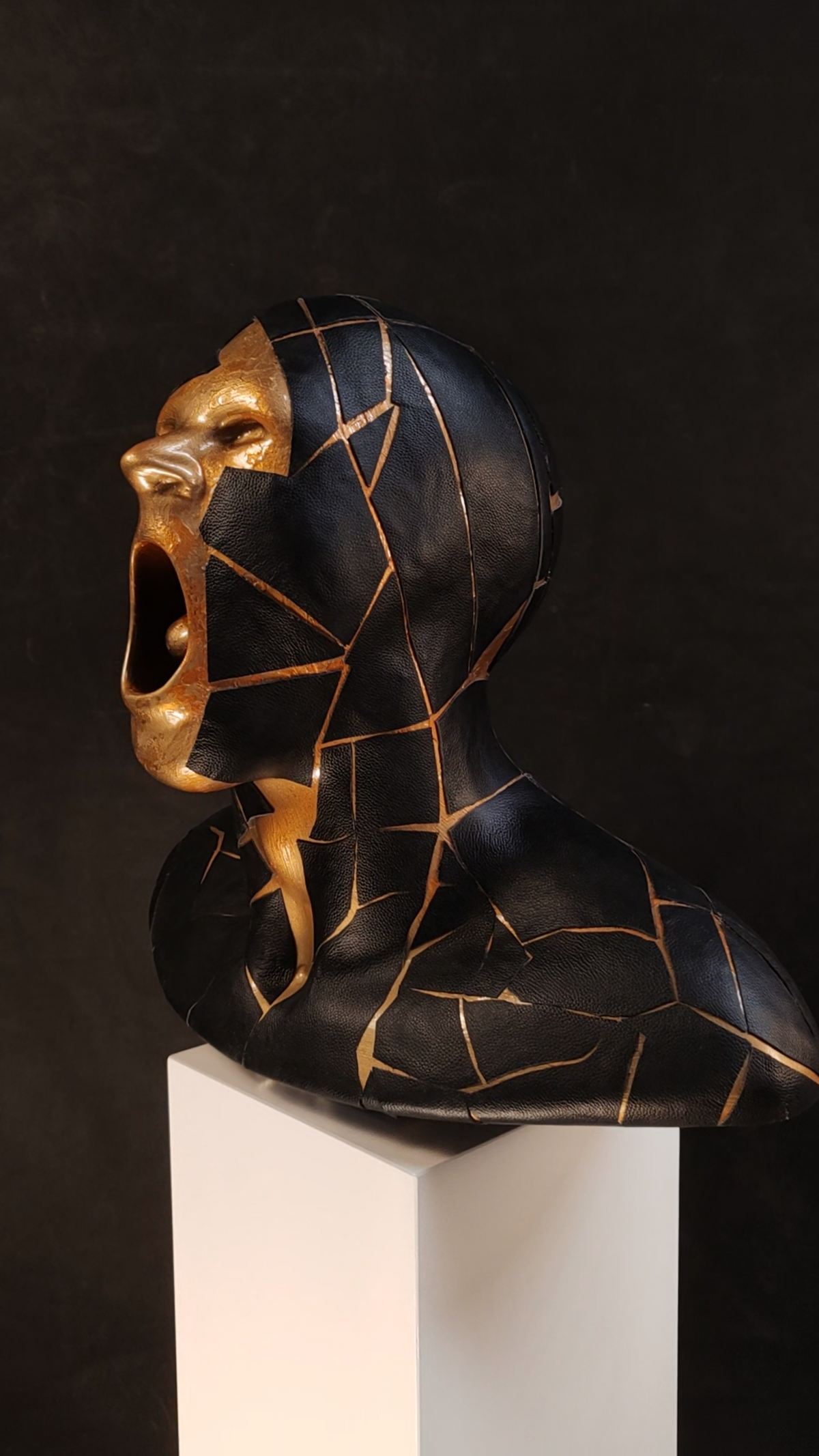è una scultura in resina dorata che frammenta con eleganza il busto maschile, fondendo linee geometriche e superfici materiche. Un’opera di arte contemporanea e design scultoreo che unisce precisione artigianale e pura poesia visiva, perfetta per chi cerca un elemento di lusso e forte impatto in ambienti moderni.