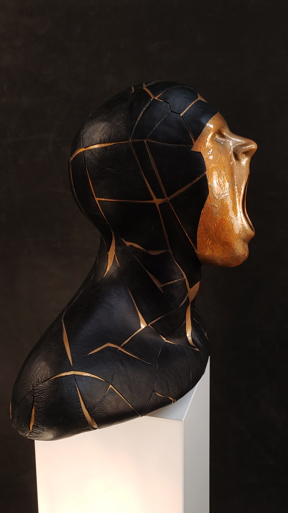 è una scultura in resina dorata che frammenta con eleganza il busto maschile, fondendo linee geometriche e superfici materiche. Un’opera di arte contemporanea e design scultoreo che unisce precisione artigianale e pura poesia visiva, perfetta per chi cerca un elemento di lusso e forte impatto in ambienti moderni.